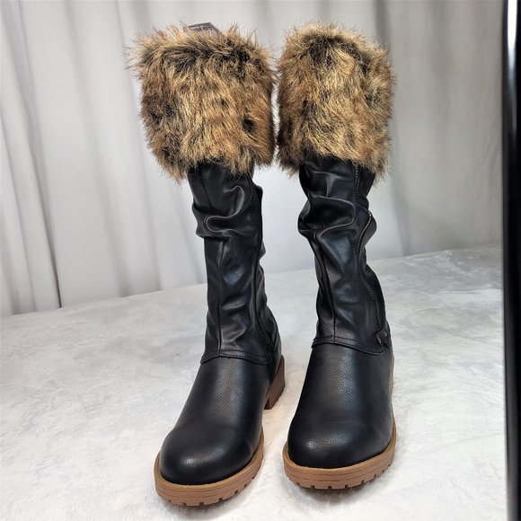 Furry Black Matte Faux Fur Fold Over Cuff Winter Mid Calf Boots - Picture 5 of 8